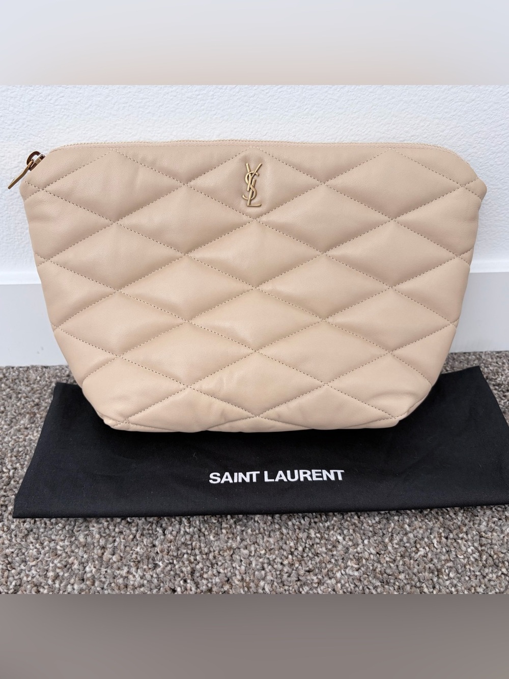 Saint Laurent Quilted Beige Cosmetic Pouch with Gold YSL Emblem. NWOT.
